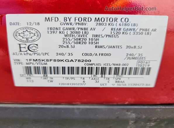 1FM5K8F89KGA78200 2019 FORD EXPLORER Red VIN კოდის სტიკერის ხედი