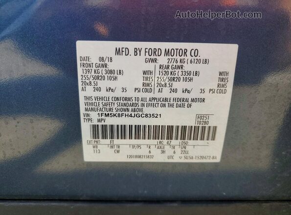 1FM5K8FH4JGC83521 2018 FORD EXPLORER Blue VIN կոդի պիտակի տեսք