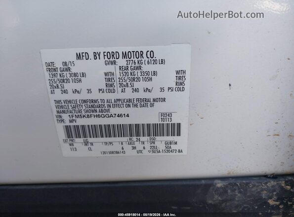 1FM5K8FH6GGA74614 2016 FORD EXPLORER White Widok komory silnika