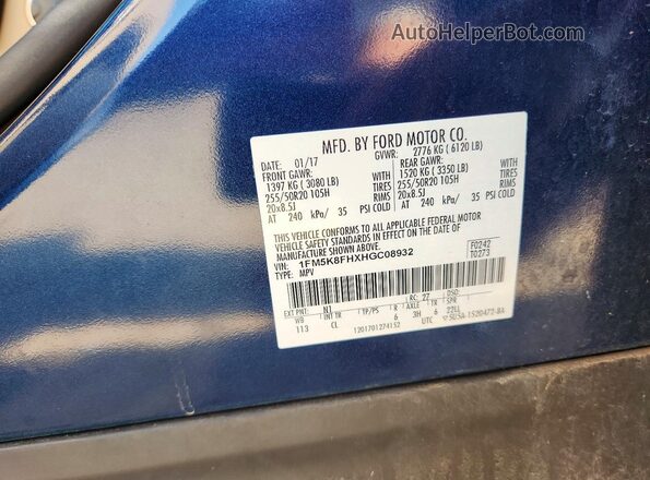 1FM5K8FHXHGC08932 2017 FORD EXPLORER Blue Widok naklejki z numerem VIN