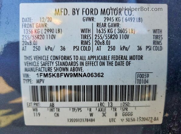 1FM5K8FW9MNA06362 2021 FORD EXPLORER Синий Вид наклейки с VIN-кодом