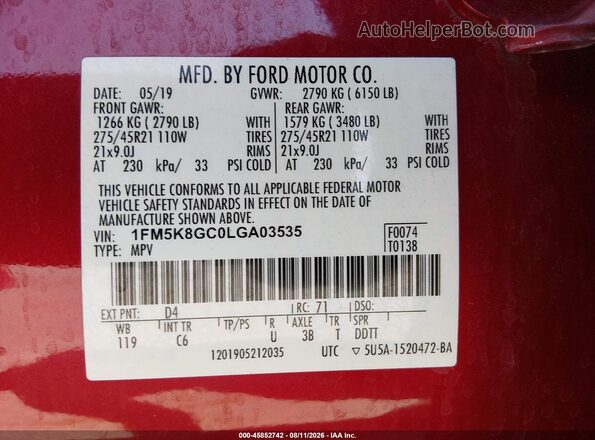 1FM5K8GC0LGA03535 2020 FORD EXPLORER Burgundy Вид підкапотного простору