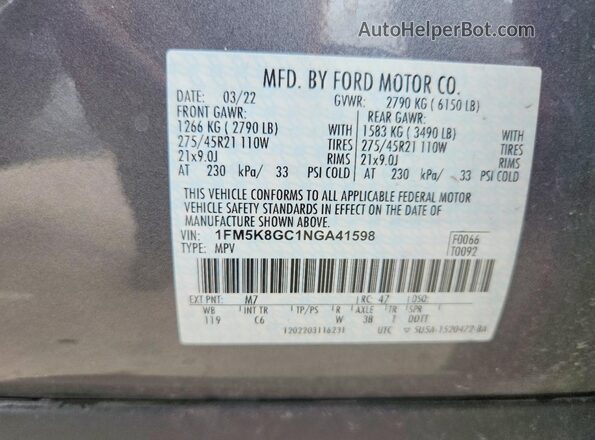 1FM5K8GC1NGA41598 2022 FORD EXPLORER Gray 360 interior view