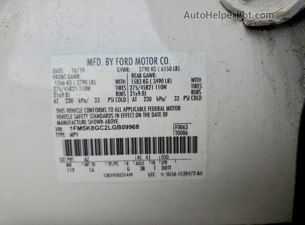 1FM5K8GC2LGB09968 2020 FORD EXPLORER White Vista de la etiqueta del VIN