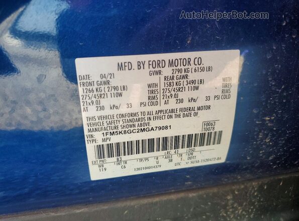 1FM5K8GC2MGA79081 2021 FORD EXPLORER Blue VIN კოდის სტიკერის ხედი