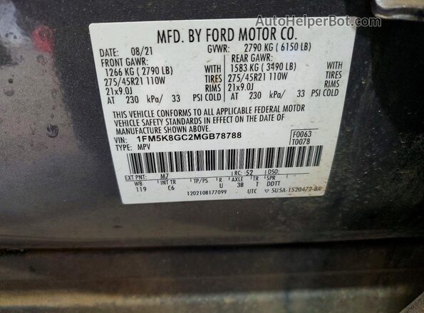 1FM5K8GC2MGB78788 2021 FORD EXPLORER Gray VIN კოდის სტიკერის ხედი