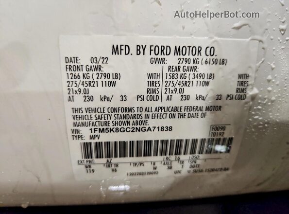 1FM5K8GC2NGA71838 2022 FORD EXPLORER White VIN կոդի պիտակի տեսք