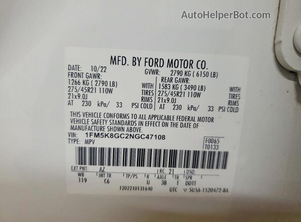 1FM5K8GC2NGC47108 2022 FORD EXPLORER White VIN კოდის სტიკერის ხედი