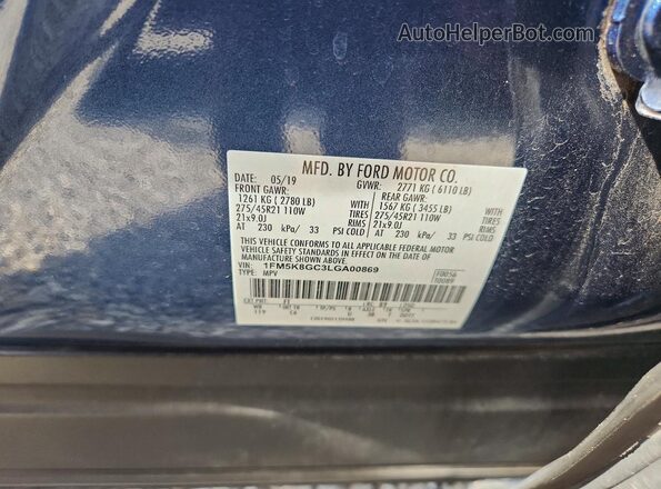 1FM5K8GC3LGA00869 2020 FORD EXPLORER Blue VIN կոդի պիտակի տեսք