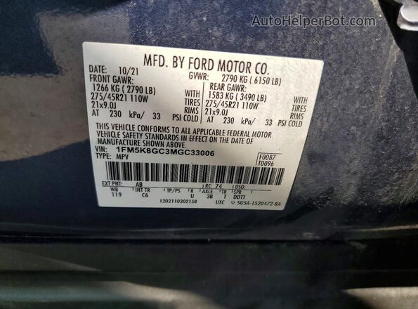 1FM5K8GC3MGC33006 2021 FORD EXPLORER Blue VIN კოდის სტიკერის ხედი