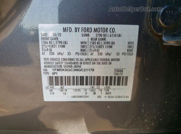 1FM5K8GC3NGC21178 2022 FORD EXPLORER Gray Панорамний вид салону 360°