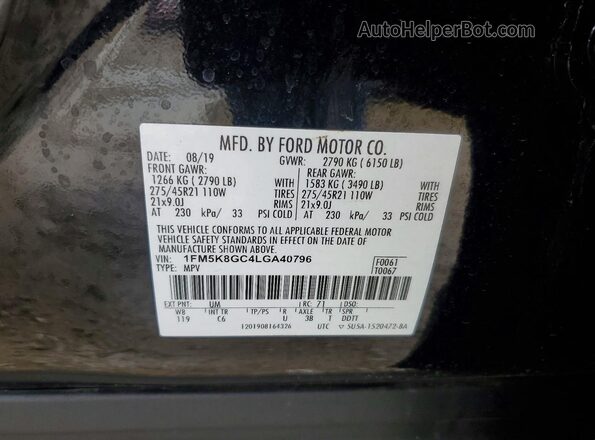 1FM5K8GC4LGA40796 2020 FORD EXPLORER Black VIN კოდის სტიკერის ხედი