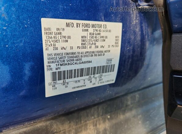 1FM5K8GC4LGA60594 2020 FORD EXPLORER Синий Панорамный вид салона 360°