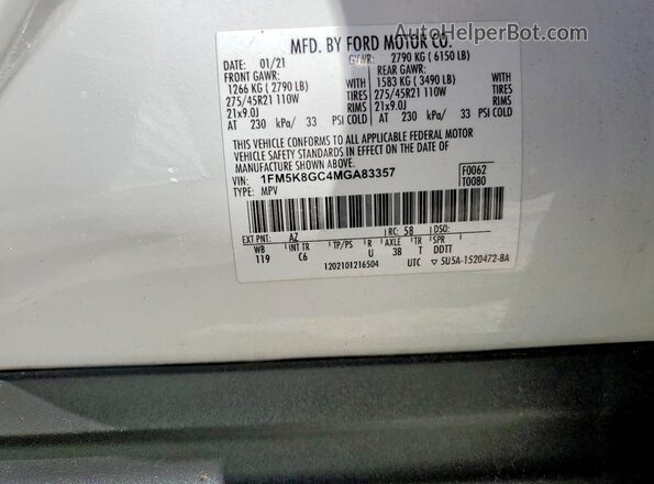 1FM5K8GC4MGA83357 2021 FORD EXPLORER Белый Вид наклейки с VIN-кодом