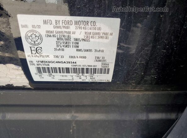 1FM5K8GC4NGA39344 2022 FORD EXPLORER Black VIN კოდის სტიკერის ხედი