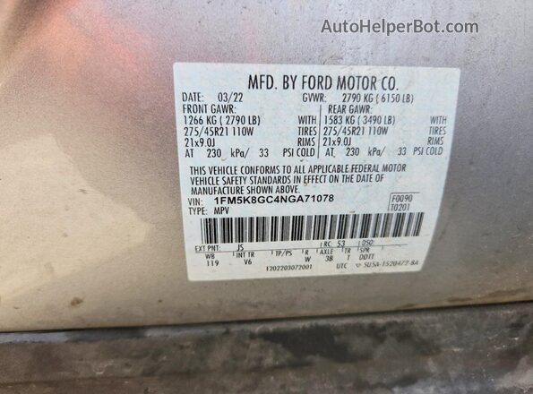 1FM5K8GC4NGA71078 2022 FORD EXPLORER Серебряный Вид подкапотного пространства
