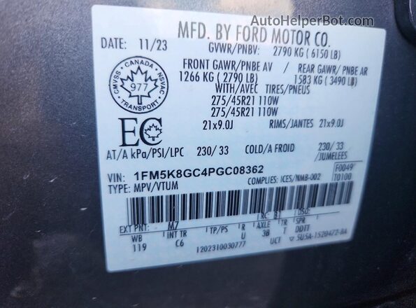 1FM5K8GC4PGC08362 2023 FORD EXPLORER Gray VIN կոդի պիտակի տեսք