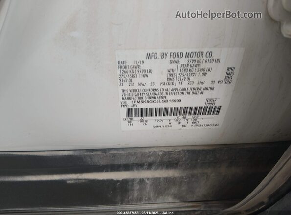 1FM5K8GC5LGB15599 2020 FORD EXPLORER White Widok komory silnika