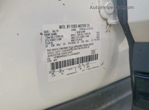 1FM5K8GC7LGA04357 2020 FORD EXPLORER Белый Панорамный вид салона 360°