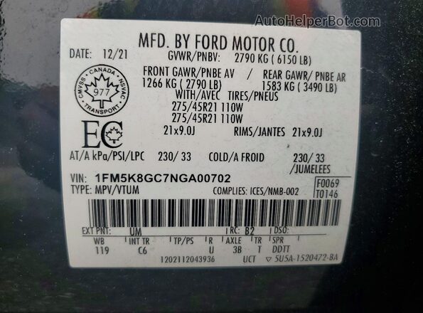 1FM5K8GC7NGA00702 2022 FORD EXPLORER Black Widok naklejki z numerem VIN