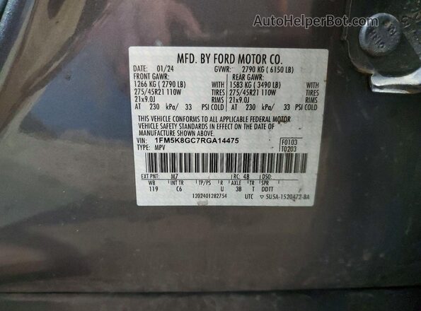 1FM5K8GC7RGA14475 2024 FORD EXPLORER Silver VIN კოდის სტიკერის ხედი