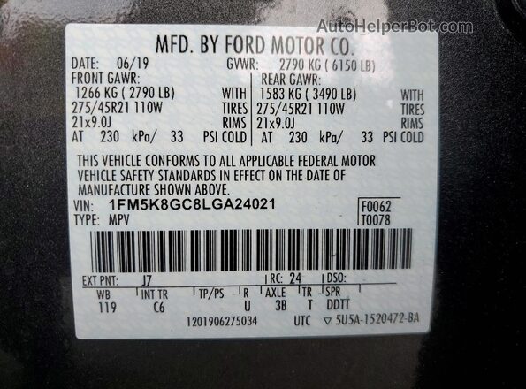 1FM5K8GC8LGA24021 2020 FORD EXPLORER Gray Вид наклейки з VIN-кодом