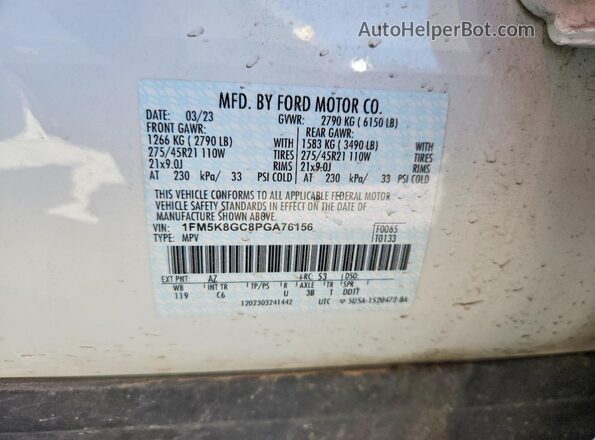 1FM5K8GC8PGA76156 2023 FORD EXPLORER White Вид наклейки з VIN-кодом