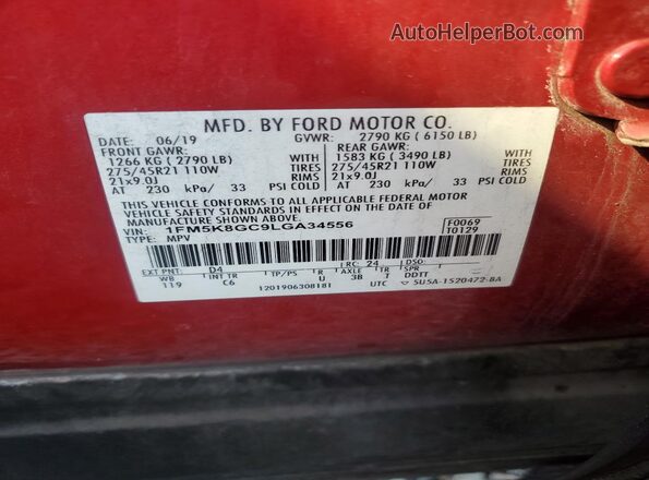 1FM5K8GC9LGA34556 2020 FORD EXPLORER Red VIN sticker view