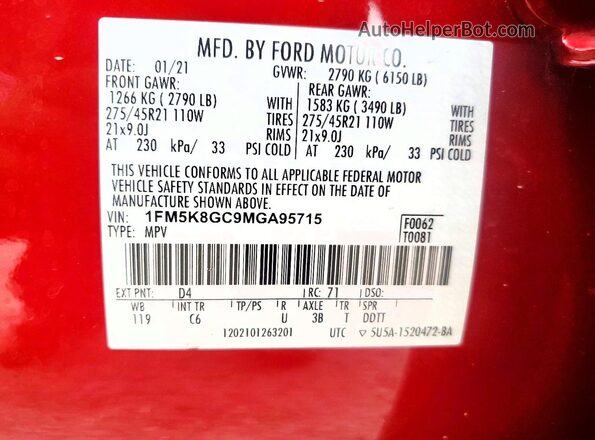 1FM5K8GC9MGA95715 2021 FORD EXPLORER Красный Вид наклейки с VIN-кодом