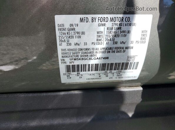 1FM5K8GCXLGA67498 2020 FORD EXPLORER Gray Панорамний вид салону 360°