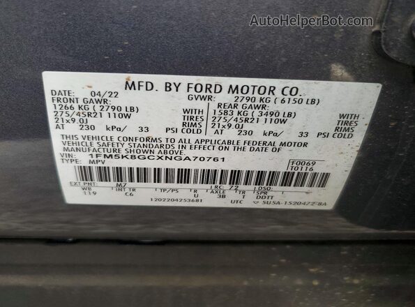 1FM5K8GCXNGA70761 2022 FORD EXPLORER Gray VIN sticker view