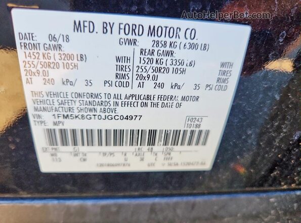 1FM5K8GT0JGC04977 2018 FORD EXPLORER Black VIN კოდის სტიკერის ხედი