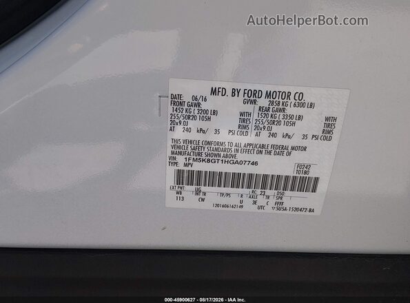 1FM5K8GT1HGA07746 2017 FORD EXPLORER White Vista del compartimento del motor