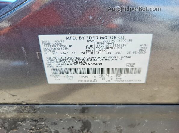 1FM5K8GT3GGA07438 2016 FORD EXPLORER Gray Widok naklejki z numerem VIN