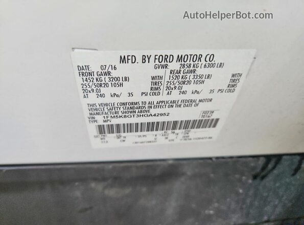 1FM5K8GT3HGA42952 2017 FORD EXPLORER White Widok komory silnika
