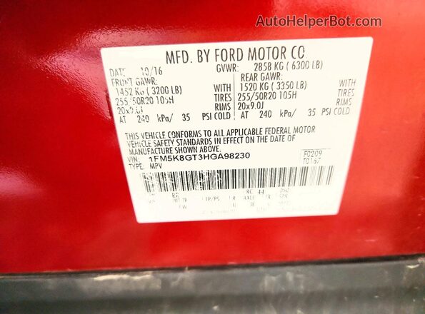 1FM5K8GT3HGA98230 2017 FORD EXPLORER Бордовый Вид подкапотного пространства