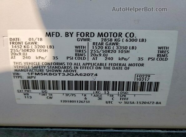 1FM5K8GT3JGA62074 2018 FORD EXPLORER White VIN კოდის სტიკერის ხედი
