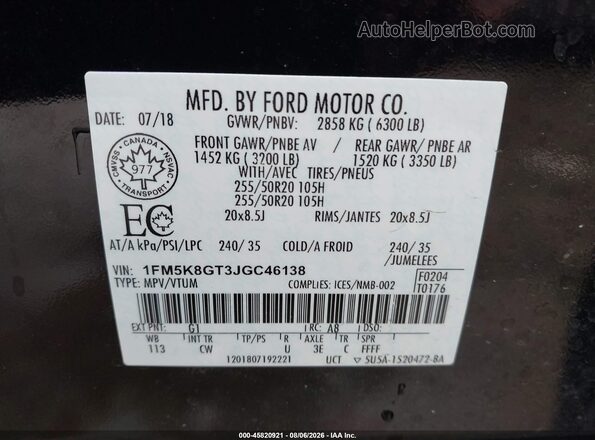 1FM5K8GT3JGC46138 2018 FORD EXPLORER Black Вид підкапотного простору
