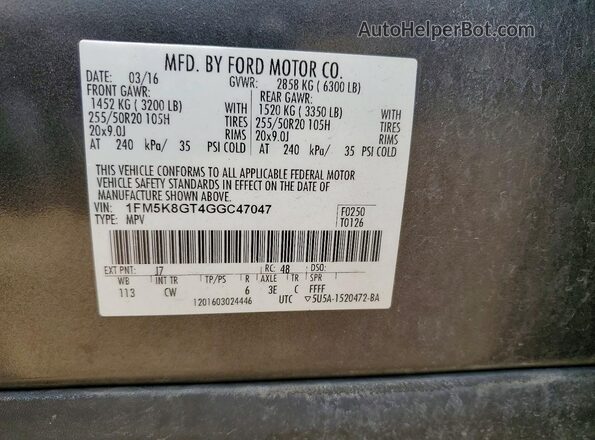 1FM5K8GT4GGC47047 2016 FORD EXPLORER Black Widok wnętrza 360 stopni