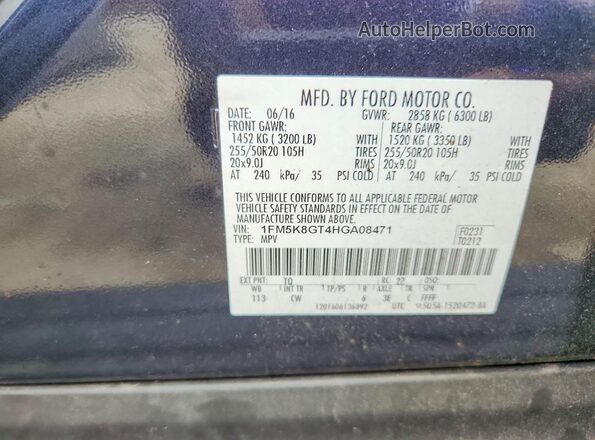 1FM5K8GT4HGA08471 2017 FORD EXPLORER Black VIN კოდის სტიკერის ხედი