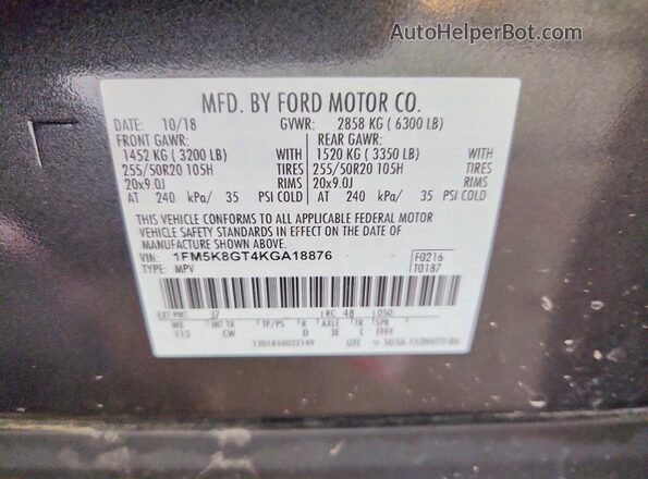1FM5K8GT4KGA18876 2019 FORD EXPLORER Gray Vista de la etiqueta del VIN