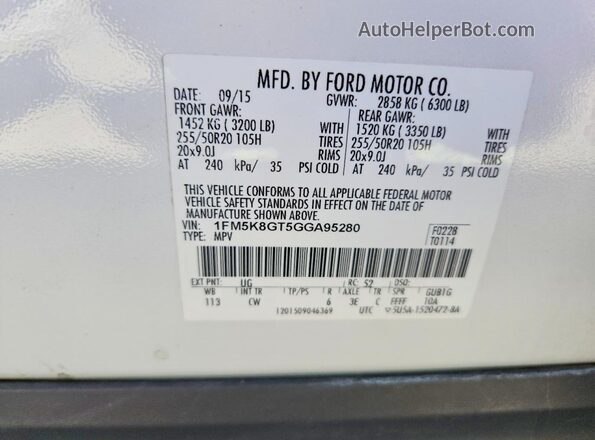 1FM5K8GT5GGA95280 2016 FORD EXPLORER White Vista del compartimento del motor