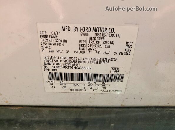 1FM5K8GT6HGC36889 2017 FORD EXPLORER Белый Вид наклейки с VIN-кодом