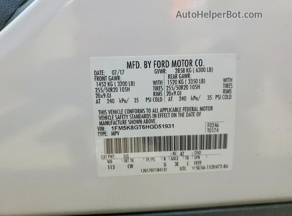 1FM5K8GT6HGD51931 2017 FORD EXPLORER White Widok naklejki z numerem VIN
