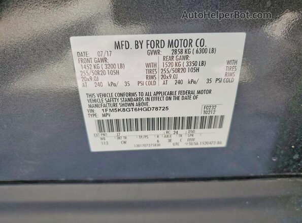 1FM5K8GT6HGD78725 2017 FORD EXPLORER Charcoal Vista de la etiqueta del VIN
