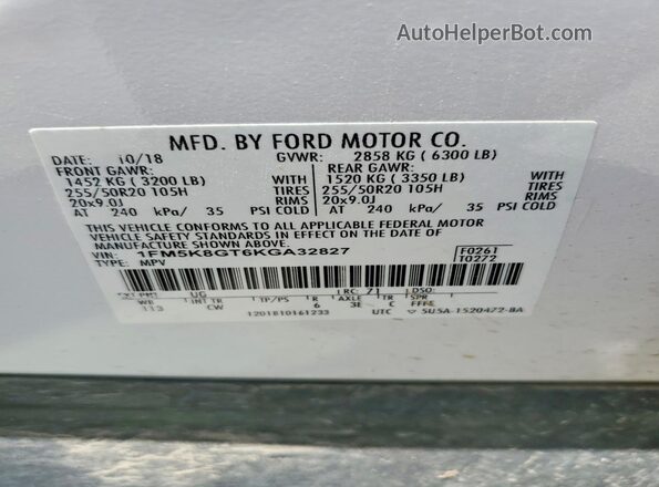 1FM5K8GT6KGA32827 2019 FORD EXPLORER White Widok naklejki z numerem VIN