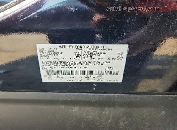 1FM5K8GT7HGC51028 2017 FORD EXPLORER Black VIN sticker view