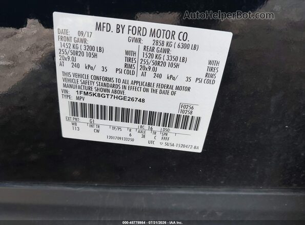 1FM5K8GT7HGE26748 2017 FORD EXPLORER Black Вид підкапотного простору