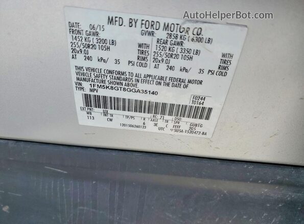 1FM5K8GT8GGA35140 2016 FORD EXPLORER Silver Widok naklejki z numerem VIN