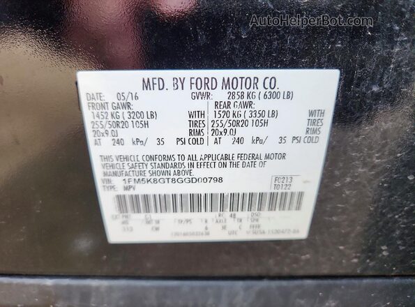 1FM5K8GT8GGD00798 2016 FORD EXPLORER Black VIN კოდის სტიკერის ხედი
